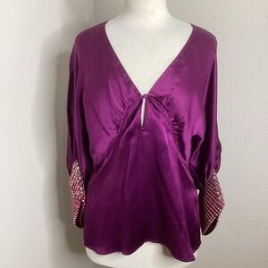 Roberto Cavalli Purple Silk Blouse Beaded Cuffs Sz 42 (M)